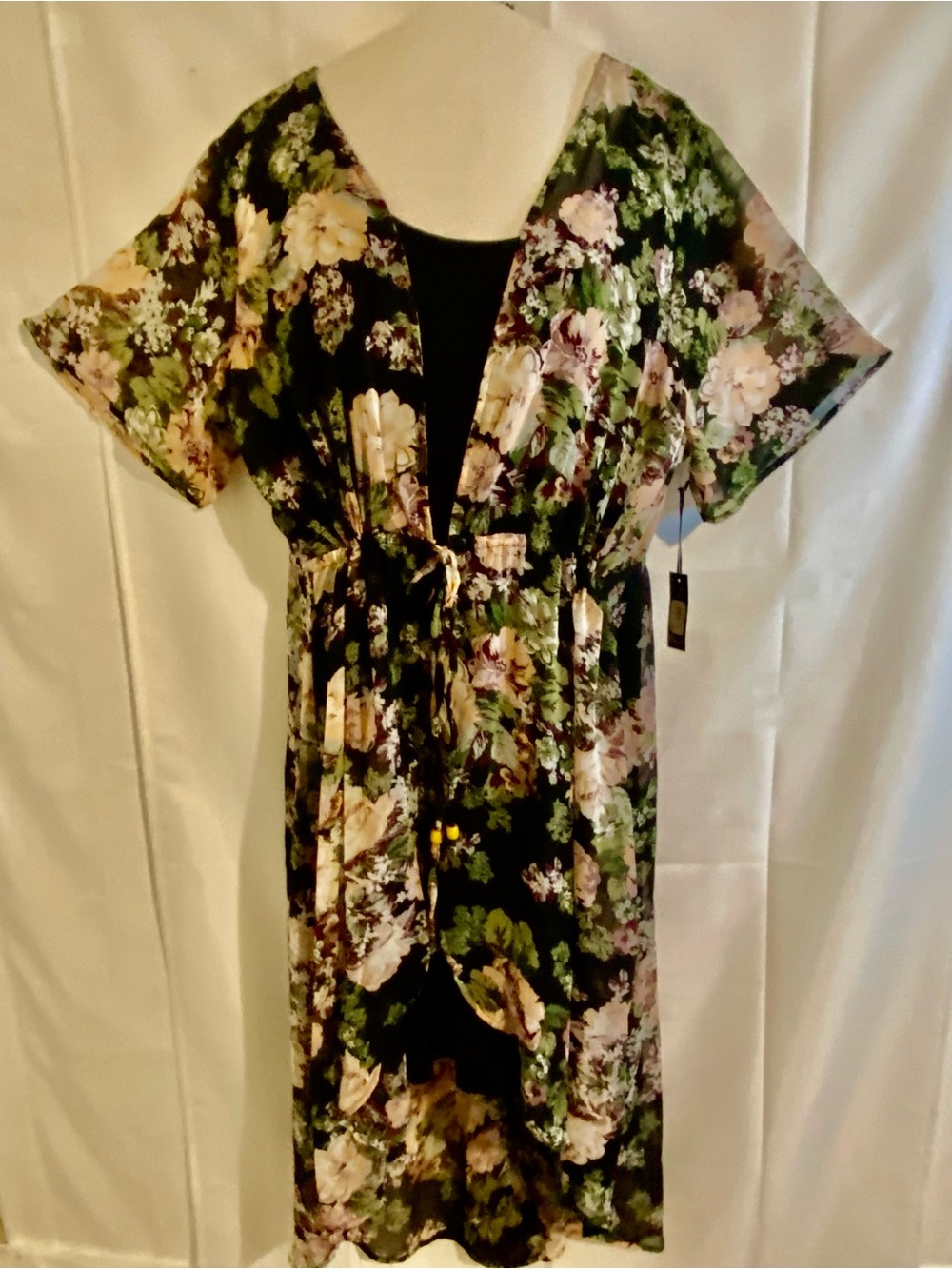 Liberty Love Black Floral Wrap Midi Dress 2 Piece Set with Green & Cream Accents